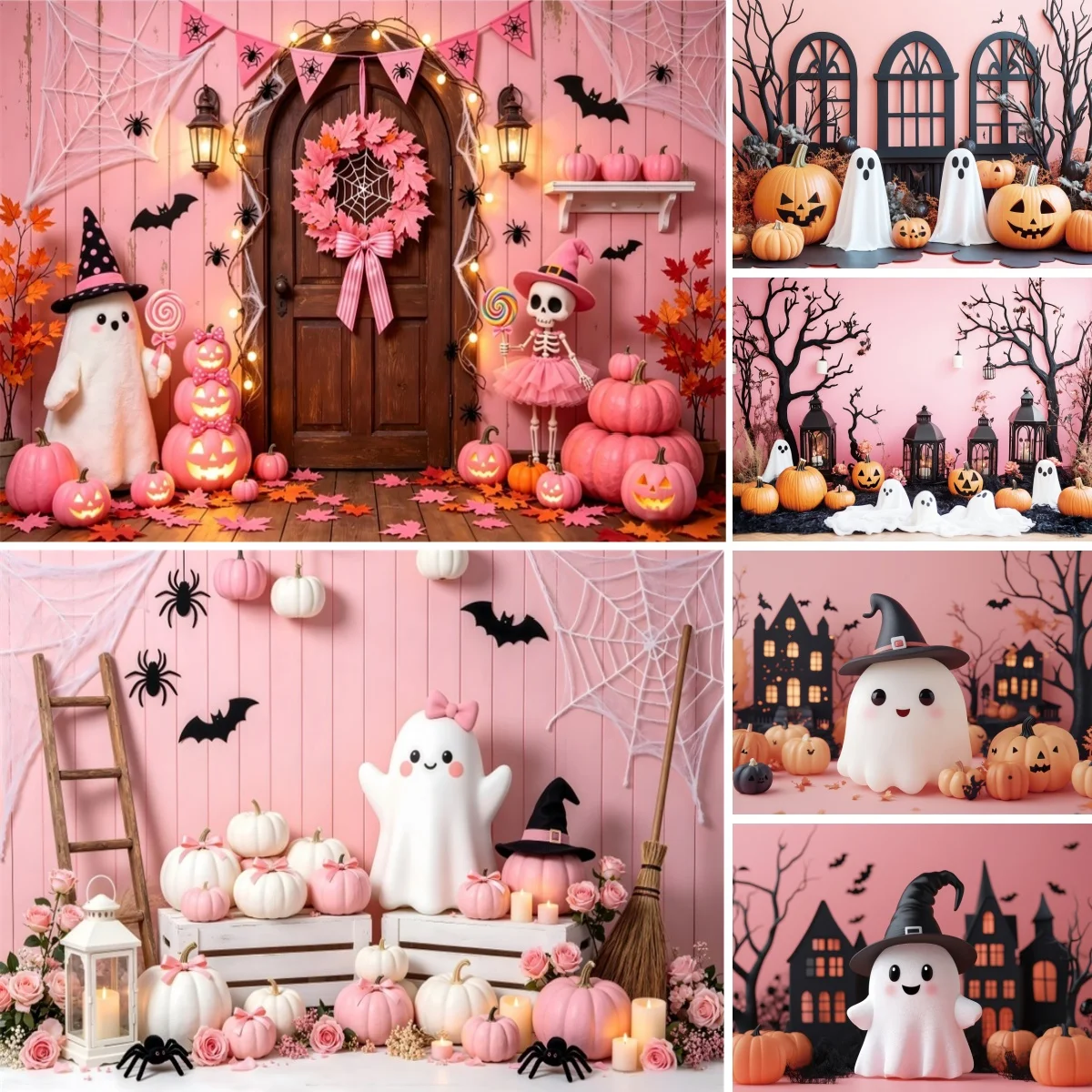 Halloween Photography Backdrop Pink Wall Pumpkins Cute Ghost Spider Bat Kids Girls Portrait Photo Background Cloth for Filming