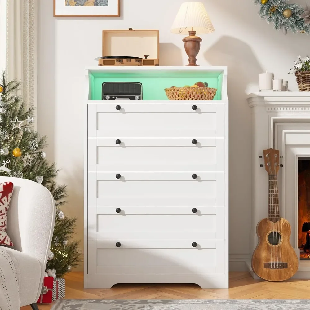 5 Drawer Dresser with LED, White Dresser for Bedroom, Bedroom Dressers & Chests of Drawers, Tall Dresser with Deep Drawers