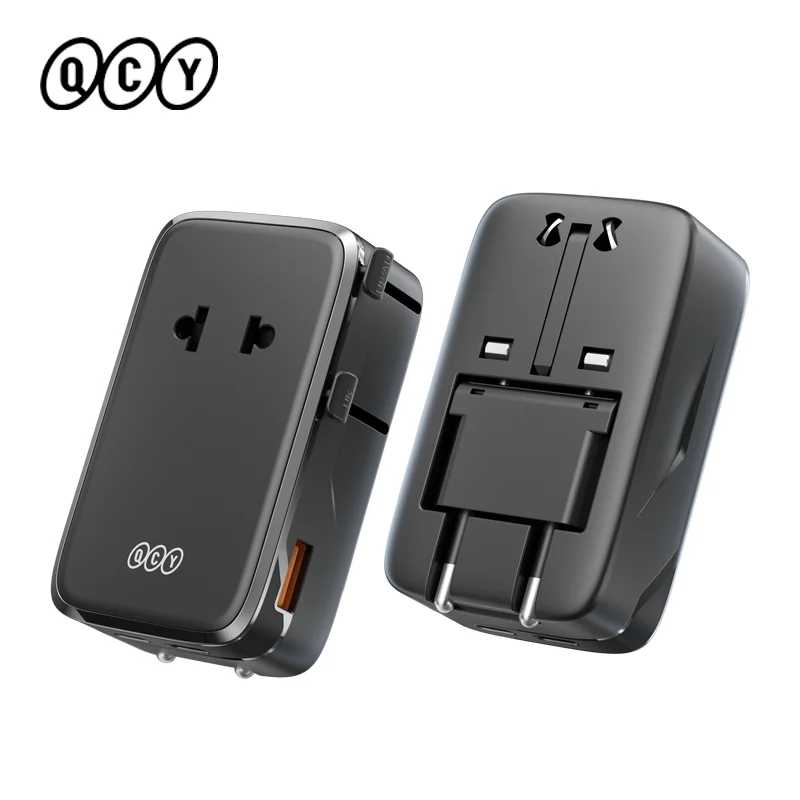 QCY Universal Adapter GaN 45W PD Fast Charger with 2 USB-C and USB-A, US/UK/EU/AU Plugs for Travel and Work