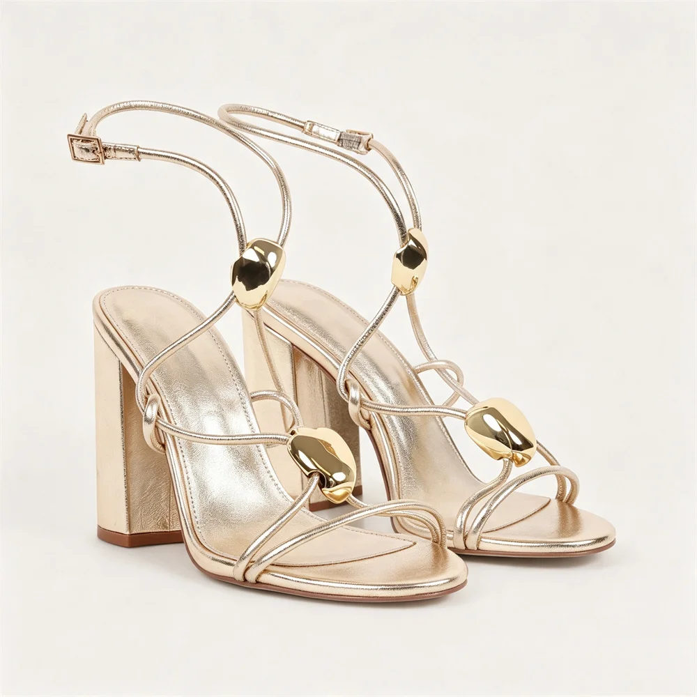 Women Metallic High Heel Sandals Open Toe Chunky Heel Shoes Strappy Ankle Strap Metal Detail Fashion Wedding  Summer Footwear
