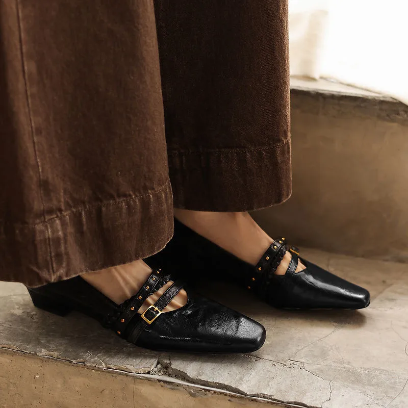 Chaussures en cuir véritable pour femmes, chaussures à bout carré, à la mode, à talons bas, faites à la main, nouvelle collection printemps/automne