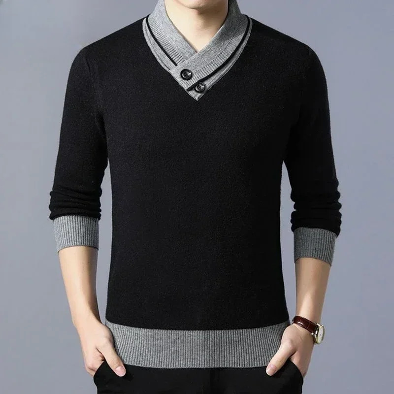 Knitted Sweaters for Men Spliced Business Pullovers Beige Man Clothes V Neck Order Warm Cheap Winter 2024 Designer Luxury Fun X