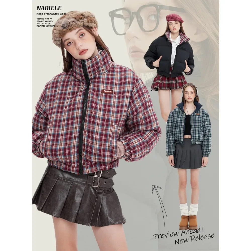 Winter Women's Casual Checkered Loose Hooded Cotton Jacket American-style Reversible Cotton Coat Thickened Stand-up Collar