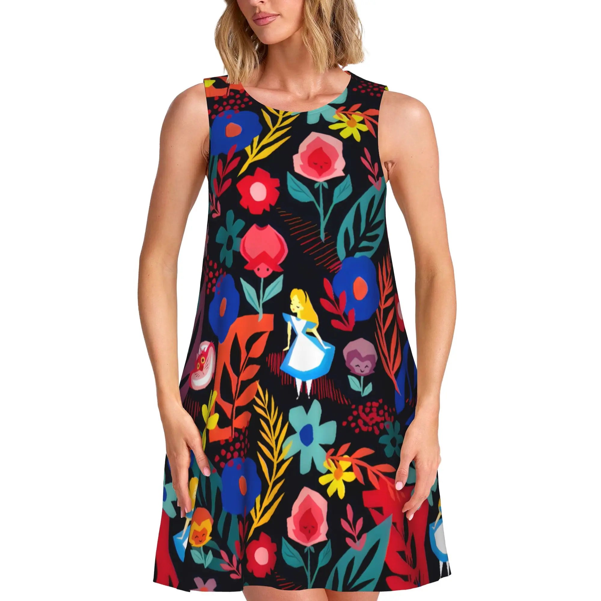 Летние женские платья с принтом Алисы, платье без рукавов, повседневная юбка, повседневная базовая одежда