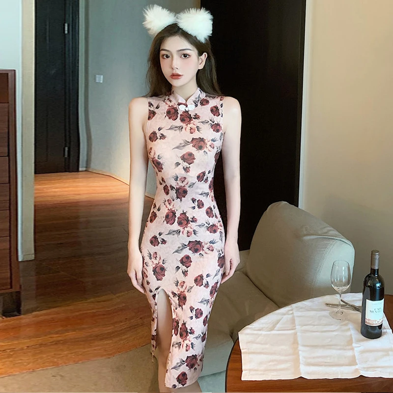 

Summer Women Elegant Slim Qipao Retro Flower Rose Print Cheongsam Party Sleeveless Dresses Lady Sexy Bodycon Nightclub Bar Dress