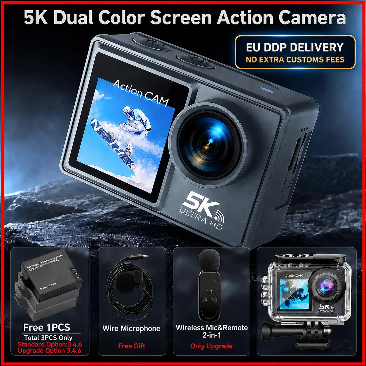 Imagen de Cámara de acción 5K 4K60FPS Dual IPS Touch LCD DVR EIS 170 ° Cámara deportiva con zoom 5X resistente al agua 30M con micrófono inalámbrico y control remoto Con menú en español