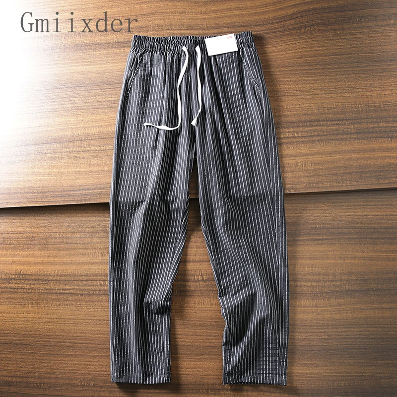 Japanische gestreifte Hose gewaschen Seer sucker Textur Herren lose dünne atmungsaktive trend ige Freizeit hose elastische lange Hose schick