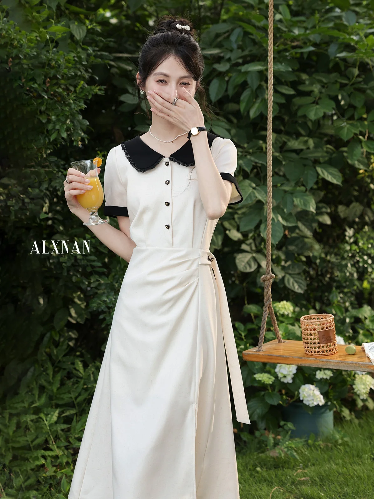 

Летнее женское модное платье А-силуэта с воротником-стойкой и утягивающей талией, короткий рукав, китайский бренд Lu Xiang Nán