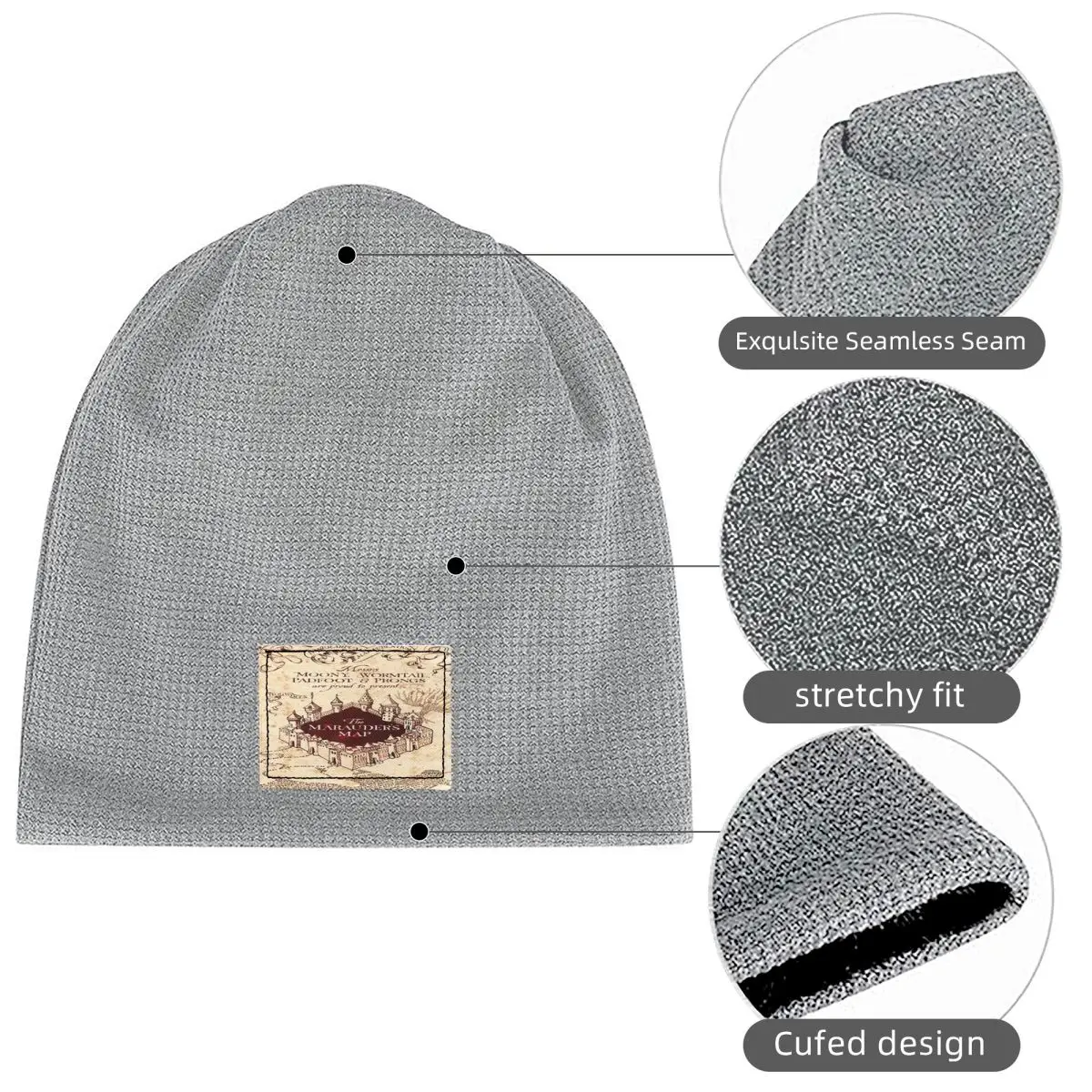 Marauders Magic Map Waffle Knit Fleece Lined Beanie with PU Leather Patch Unisex Warm Winter Soft Cap