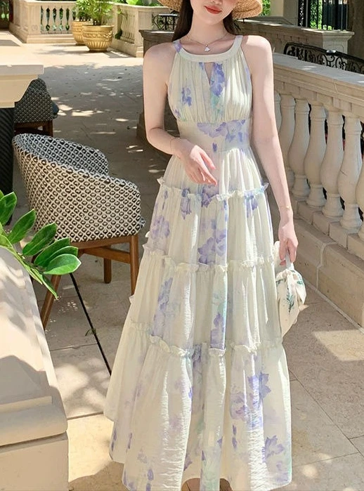 

2025 Summer New Romantic Floral Hanging Neck Off Shoulder Sleeveless Dress for Women's Waist Resort Skirt