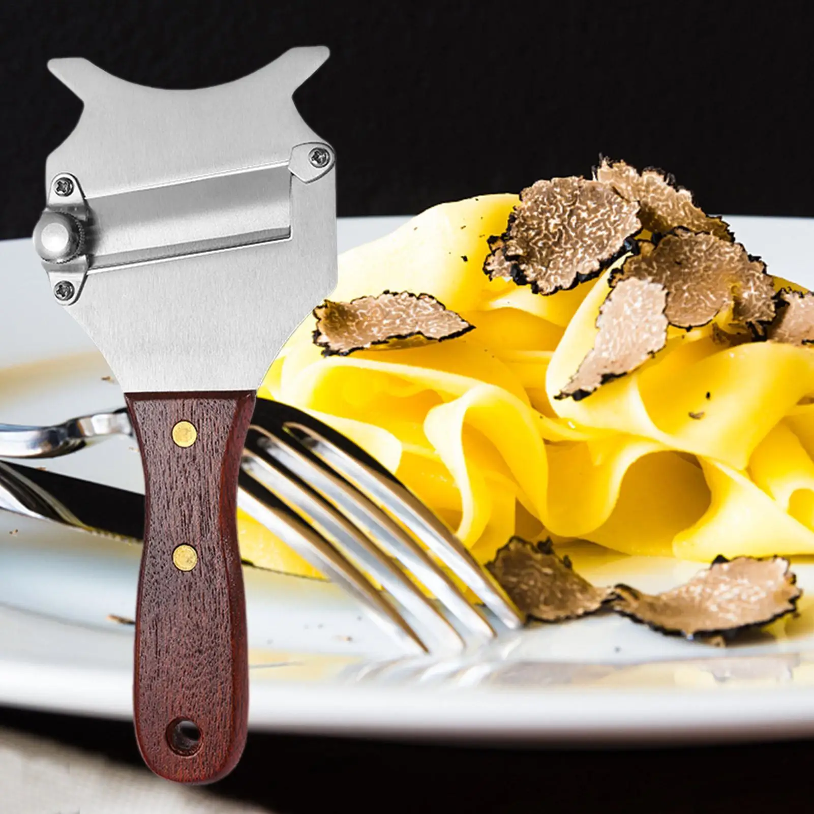 Rebanador de trufa, rallador de queso y Chocolate de acero inoxidable con hoja lisa ajustable y mango de madera