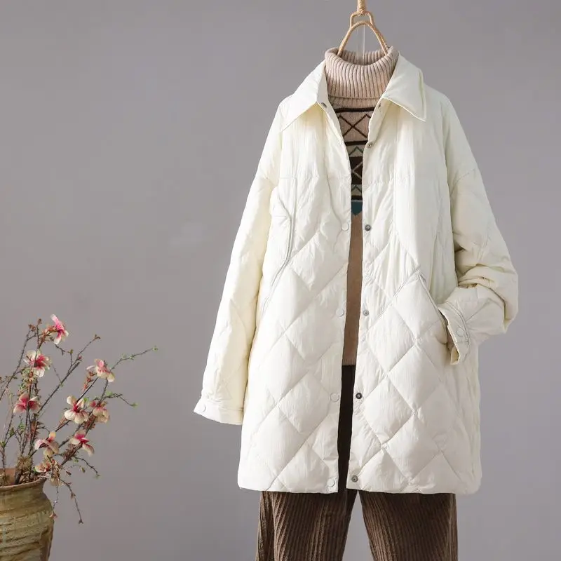 

Loose Fit Du down Jaet Women's Autumn Winter New Sle Casual Sle Mid-Length Quilt Pattern Warmth White Du Feather