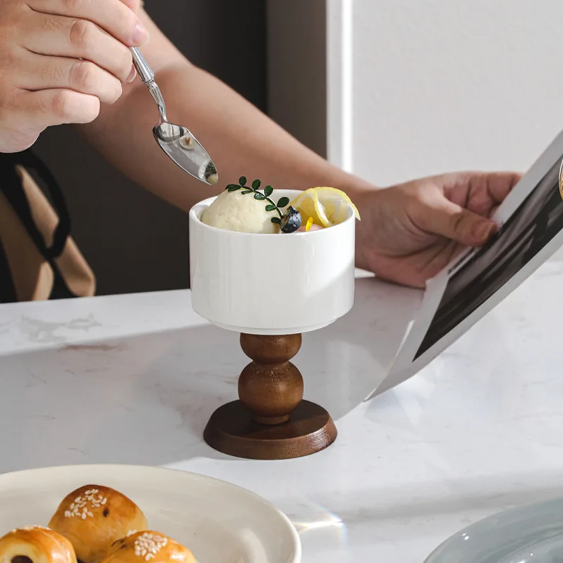 Vintage Ceramic Goblet, Black Blown Wooden Stem, White Cup, Coffee, Water, Juice, Red Wine, Cocktail, Pudding Cup, 1 Piece