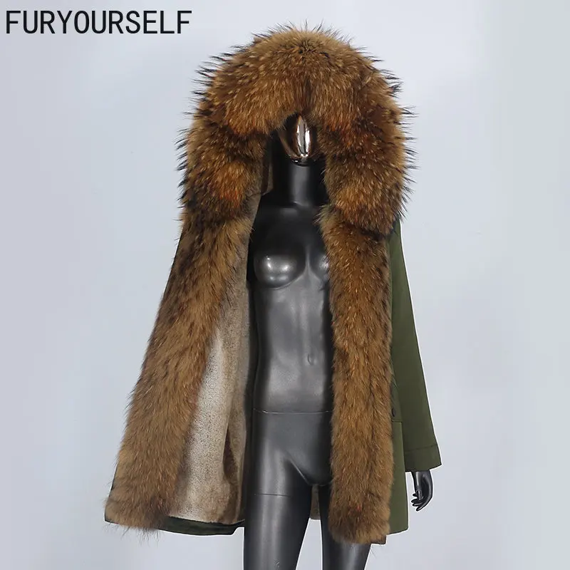 FURYOURSELF 2023 Winter Jacket Women Natural Raccoon Fur Collar Hooded Parka Real Fur Coat Warm Waterproof Detachable Outerwear