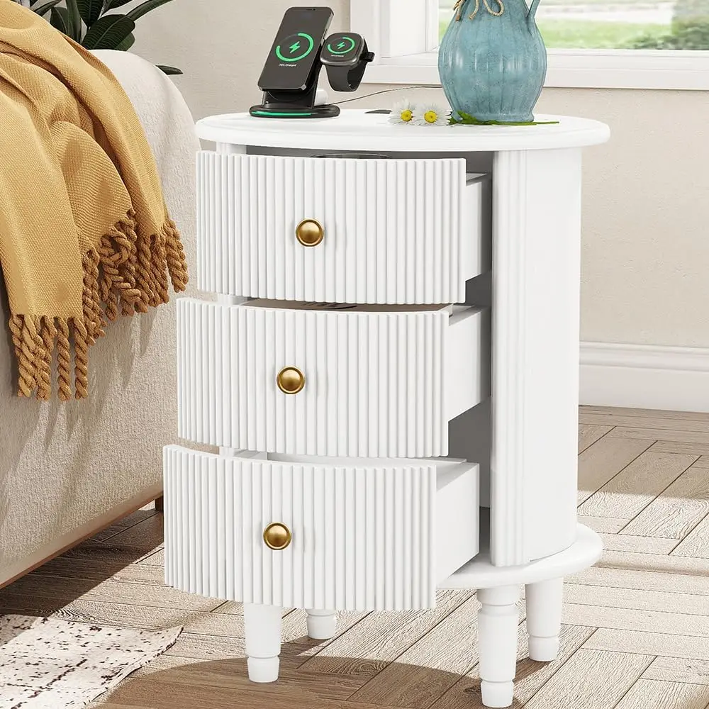 Round End Table With Charging Station, Wood Side Table With Storage For Small Spaces, White Nightstand With 3 Drawers, Couch