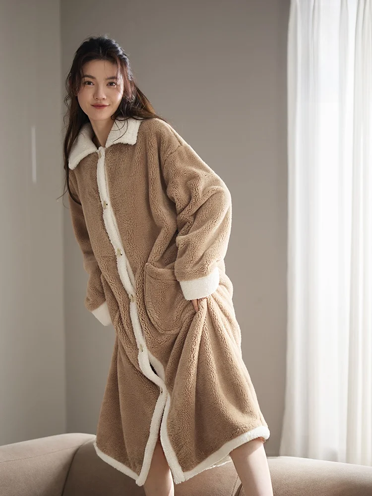 nidida-women's-thickened-coral-fleece-sleepwear-collared-robe-retro-simple-fashion-warm-home-clothes-winter-home-gown
