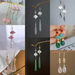 New Chinese Fashion Lotus Flower Shape Earrings for Women Retro Ancient Palace Style Elegant Jewelry Jade Tassel Hanfu Accessory