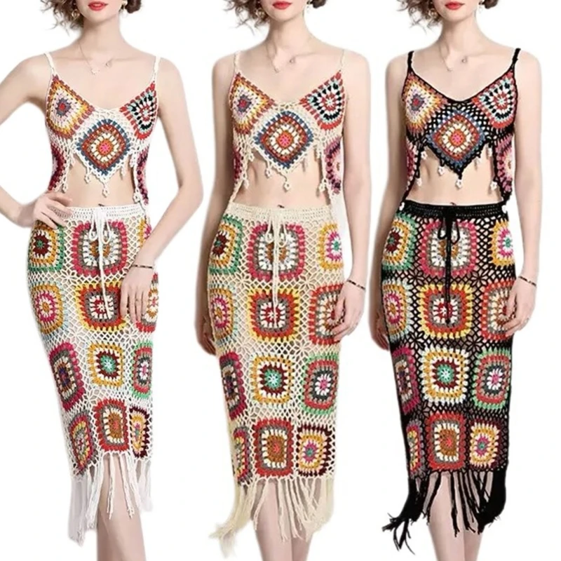 

2Pcs Set Women Crochet Knit Colorful Tassels Drawstring Bodycon Skirt with Cami Crop Top Beachwear Cover Up Matching Set