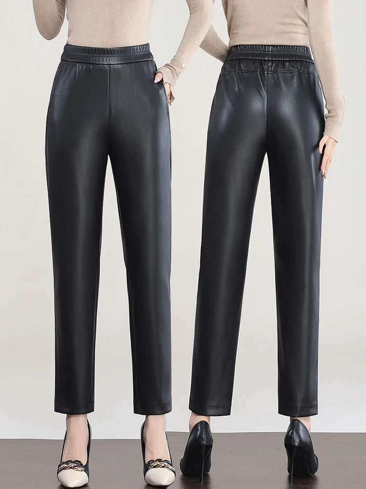 

2025 Autumn New Elastic Waist Leather Pants Women High Waist Casual Slimming Versatile Trendy Nine Cropped Haren Pants