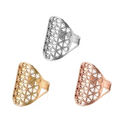Stainless Steel Big Hollow Flower Of Life Ring Adjustable Sacred Geometry Rings For Women Men Jewelry