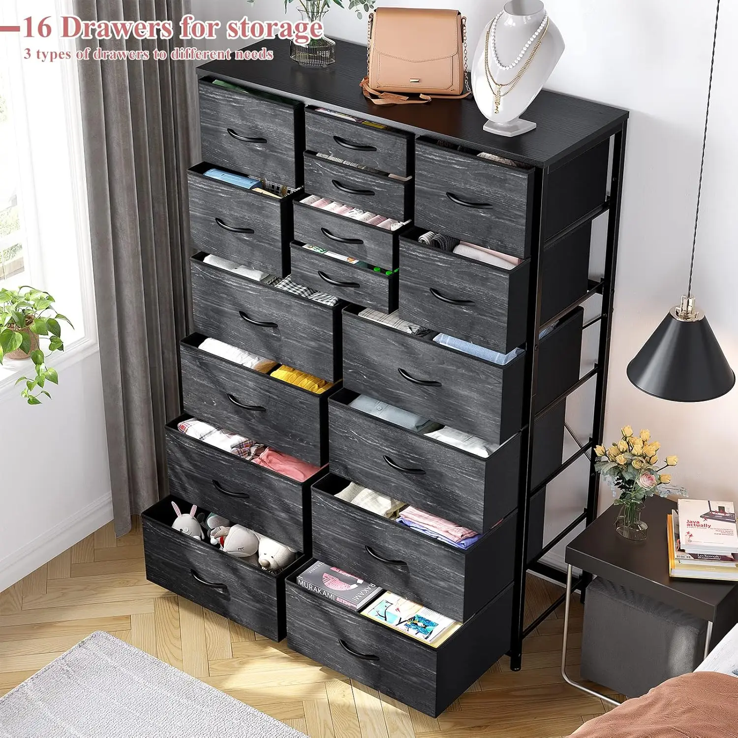 Black Dresser, Tall Dresser for Bedroom with 16 Drawer, Fabric Bedroom Dressers & Chests of Drawers, Storage Dresser