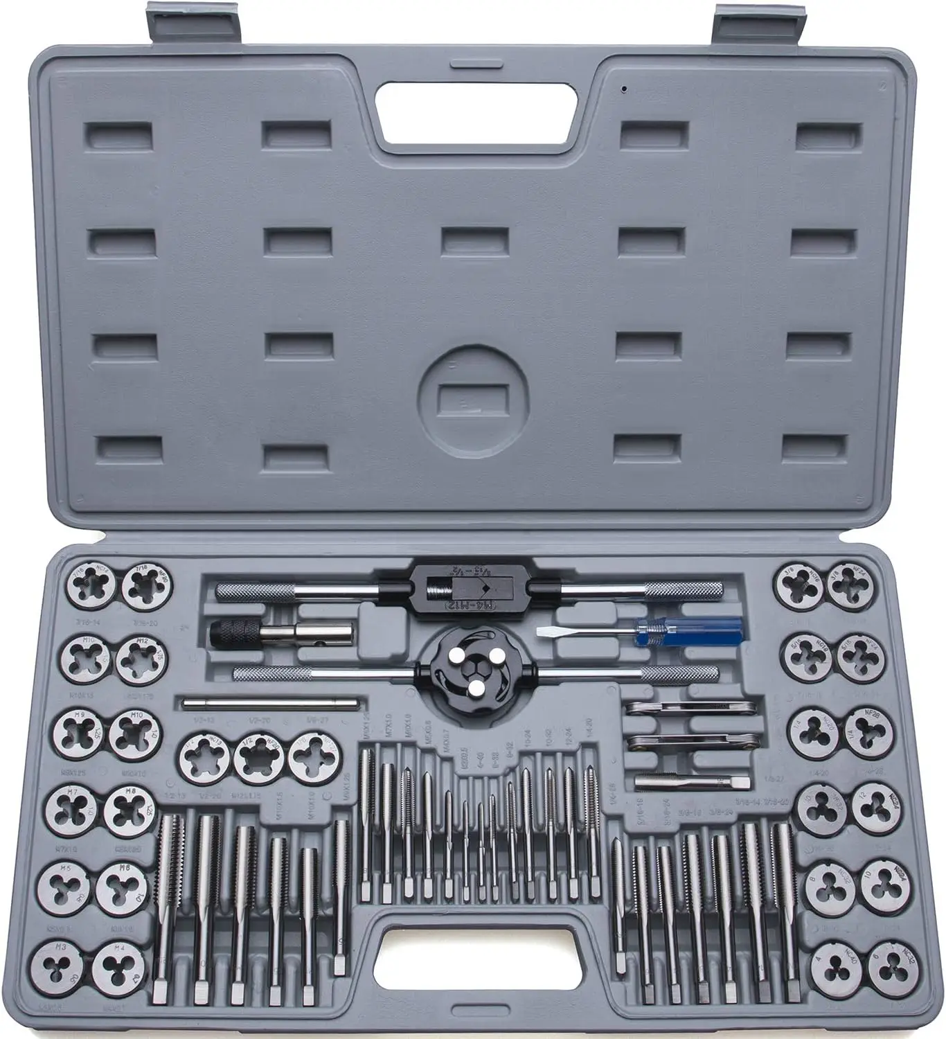 60-Pc Master Tap and Die Set - Include SAE Inch Size #4 to 1/2” and Metric Size M3 to M12, Coarse and Fine Threads | Essential