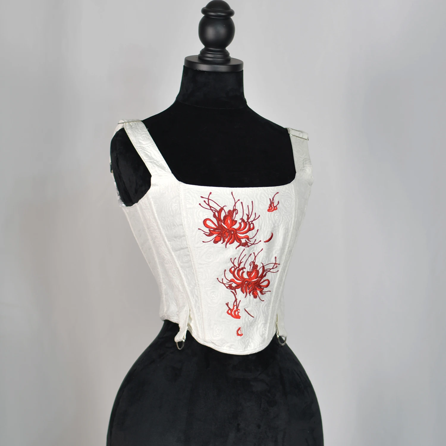 Red Magic Lily Embossed jacquard Tie-Up Ribbon Corset Crop Top Backless Lace-Up Bustier Camisole Retro Graphic Boned for Tank