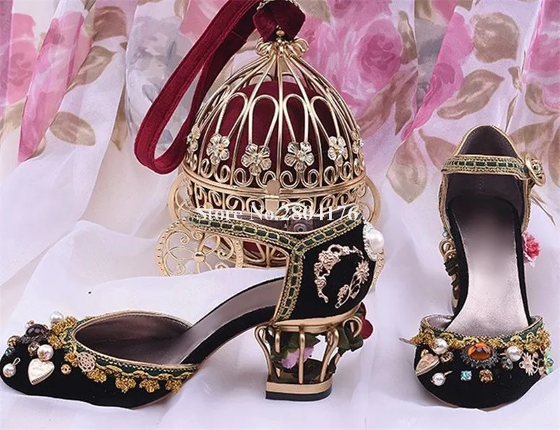 Metal Birdcage Heels Pumps Beautiful Round Toe Velvet Flowers Decorated Cut-out Chunky Heel Pumps Gold Retro Strange Heels