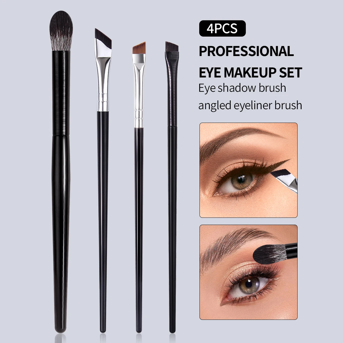 Juego de 4 Brochas Profesionales para Maquillaje de Ojos, Brocha Suave Sintética para Difuminar Sombras de Ojos, Brocha Angulada para Delineador de Ojos y Cejas, Herramientas de Maquillaje de Precisión