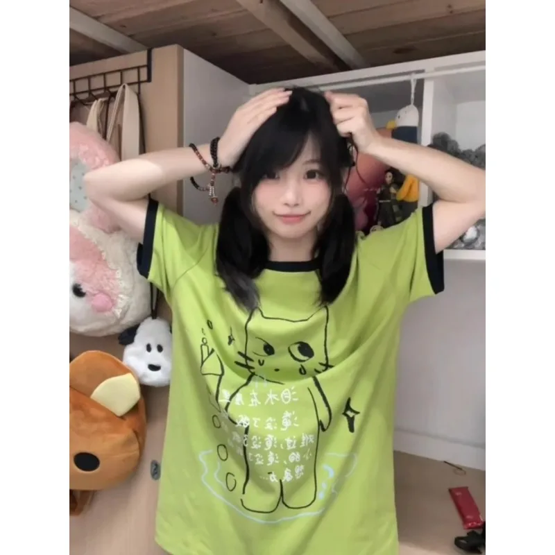 Japanese Harajuku Cat Print Short-sleeved T-shirt Vintage Green Women Tees Summer 2024s Girl Fairycore Color Cute Graphic Tops