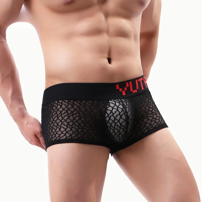 

Breathable Mesh Man Flat Boxer Qucik-Dry Shorts U Convex Pouch Hollow Out Panties Translucent Men Underware Comfortable Lingerie