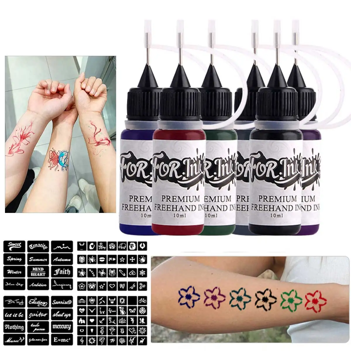 معجون صبغات عصير للوشم المؤقت مع مجموعة نمط القالب، فن الجسم العصري الصيفي المرسوم يدويًا بالألوان، الترفيه والرقص التخرج والمهرجانات - 6 ألوان متاحة للرسم، لوحة وشم مؤقتة واقعية مقاومة للماء والعرق ومقاومة للفرك #1