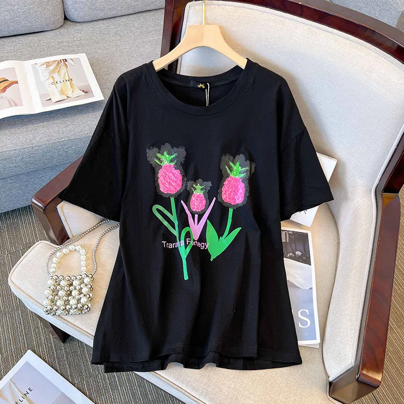 New 2023 Summer Plus Size Tops For Women Large Size Short Sleeve Loose Cotton Pink Green Print T-shirt 3XL 4XL 5XL 6XL 7XL