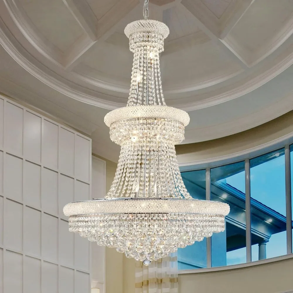 

Large Crystal Chandelier Light fixtures -19-Light High Ceiling Hanging Chandeliers,3-Layers Luxury Chandeliers for High Ceilings