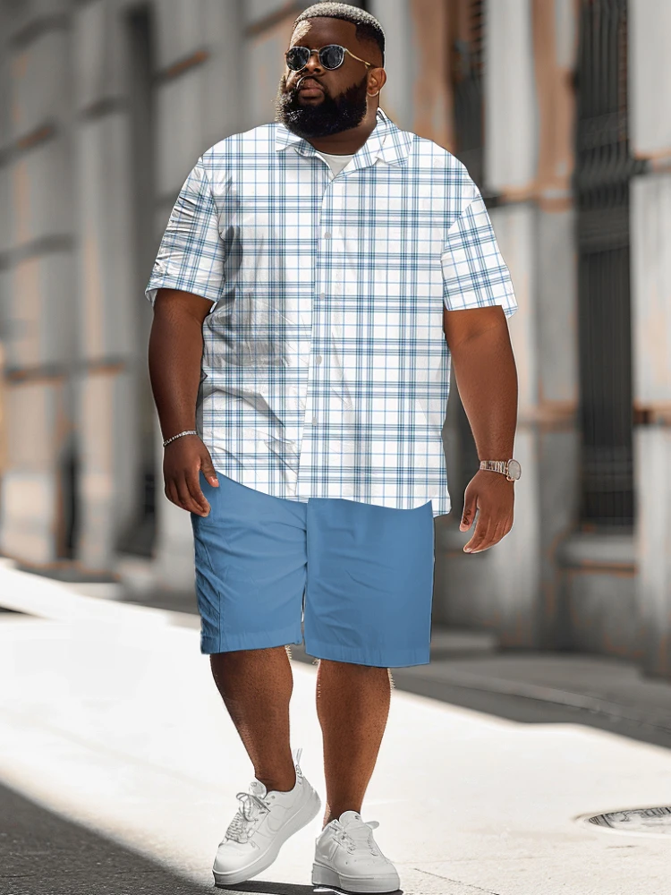 L-9XL Short sleeved Shirt Shorts Set Plus Size Men Summer Leisure Daily Walk Classic Checkered Two Piece Set ZOOY