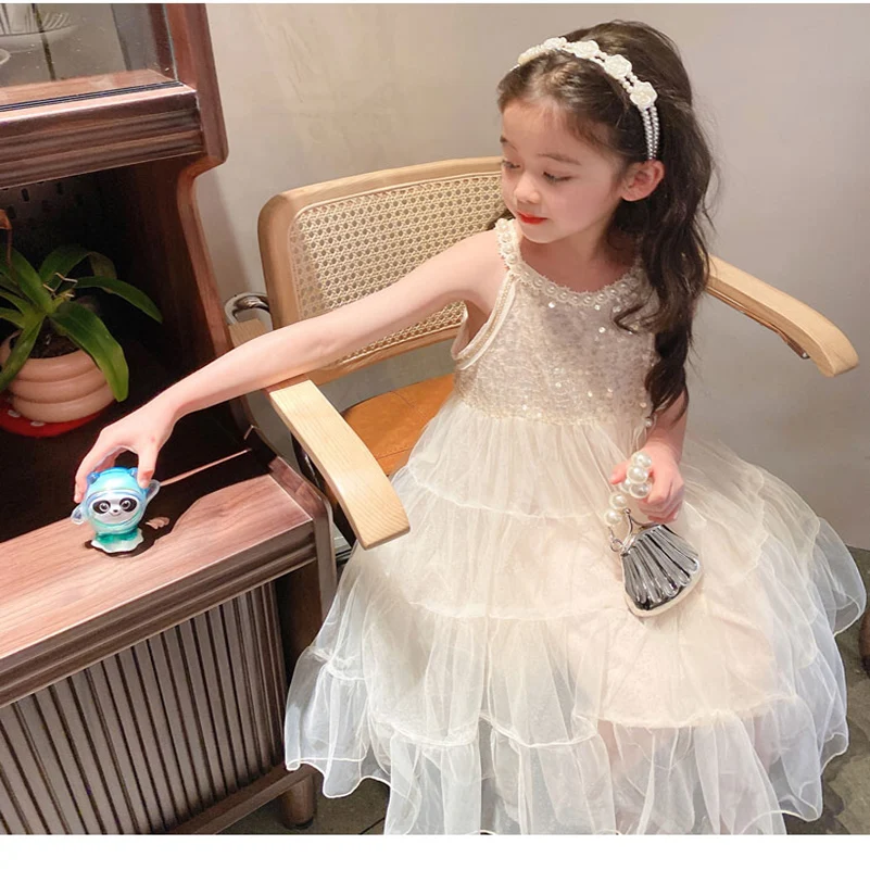 2024 Spring and Autumn Girls/Children\'s Wear Sleeveless White Pearl Strap Dress/Princess Dress 4-10 Years Old