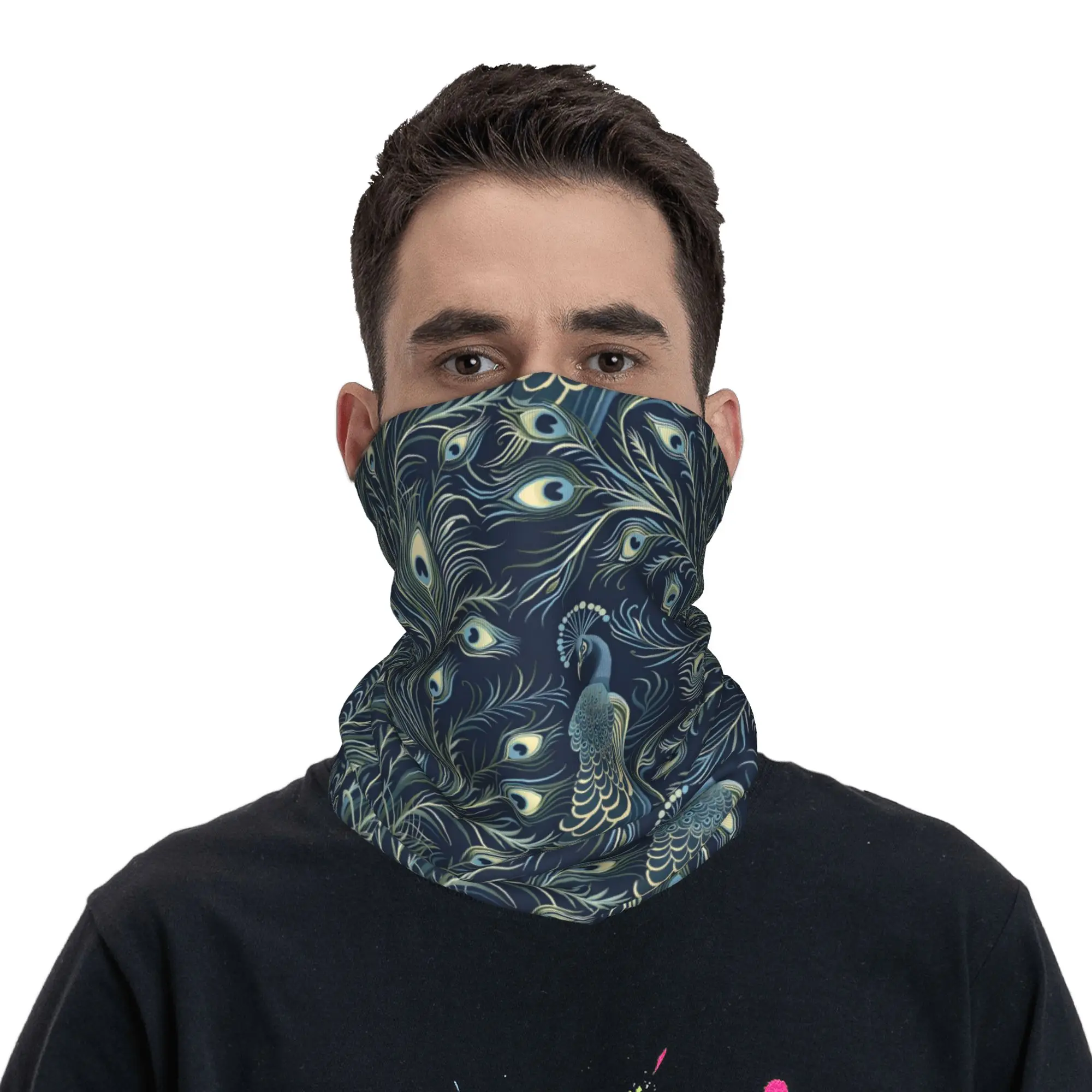 Elegant Peacock Eye Feather Pattern Bandana Neck Cover Printed Wrap Scarf Warm Headband Outdoor Sports For Men Women Adult