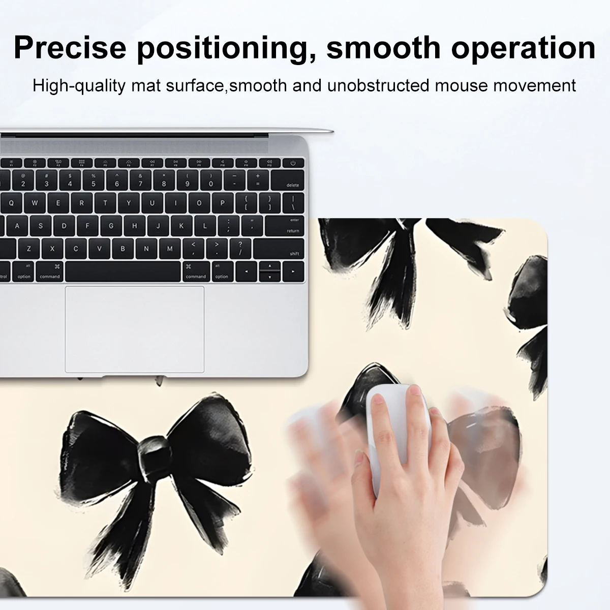 Tappetino per mouse chic con motivo fiocco nero da 1 pezzo: superficie in tessuto liscio e durevole antiscivolo |   Elegante arredamento da scrivania alla moda per l'ufficio e la casa