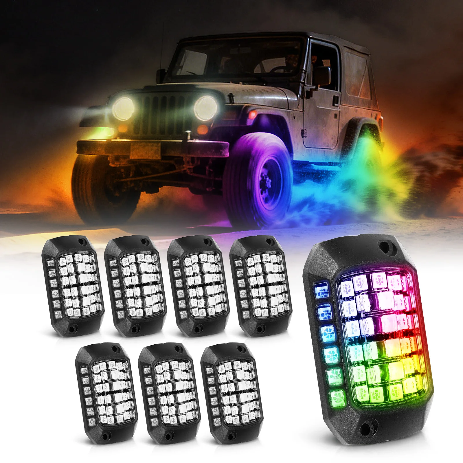 LED Rock Lights For Car Truck SUV ATV UTV Jeep 8 Pods RGB Multicolor 12V 36 LED Rock Light LED Kit Waterproof Rock Light Kit