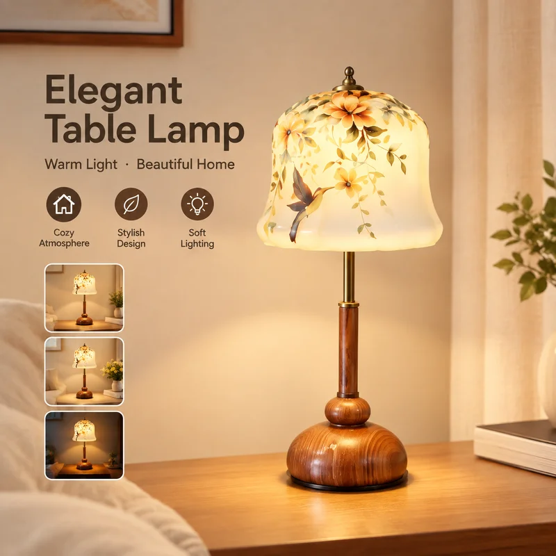 Table Lamp Modern Chinese Style Retro Oak Base Warm Ambient Glow for Bedroom Nightstand Living Room Office Tea House Desk Light