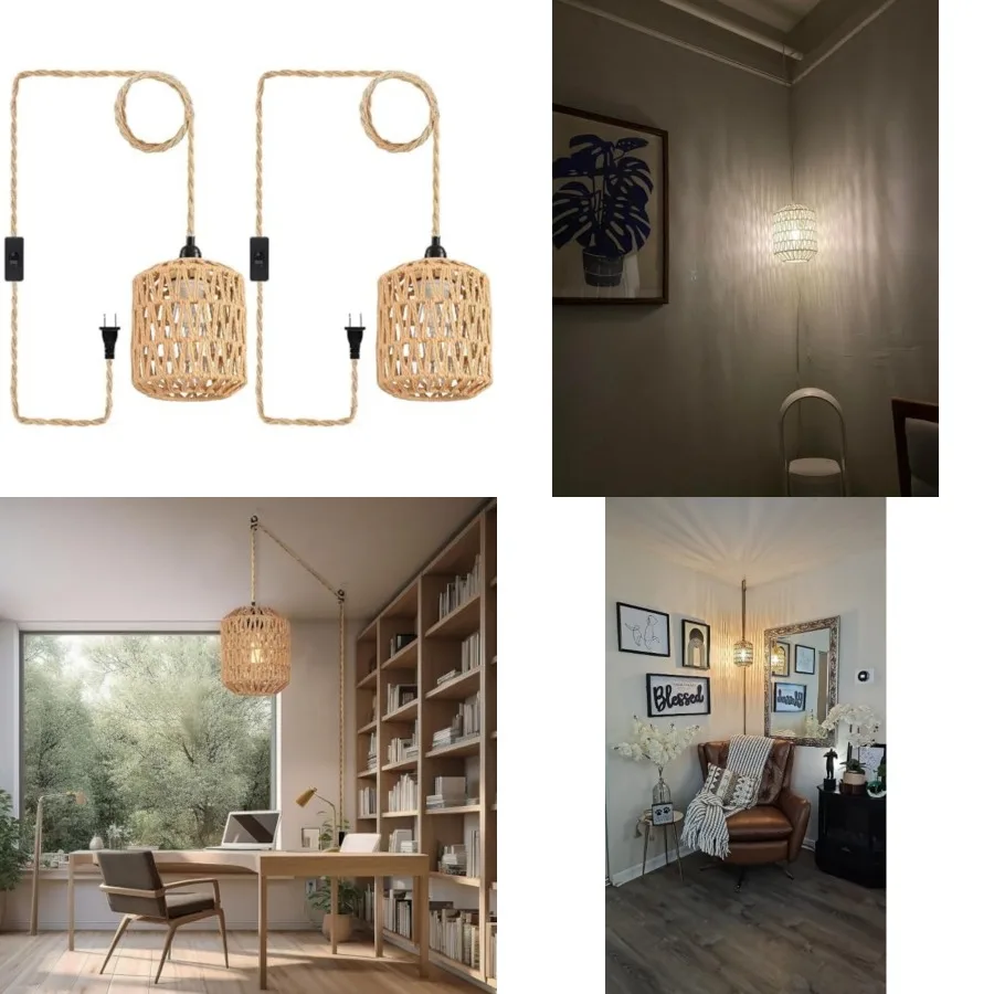 

Plug in Pendant Light, Industrial Hanging Light with Plug in Cord Hemp Rope On/Off Switch Farmhouse, Vintage Pendant Light Fixt