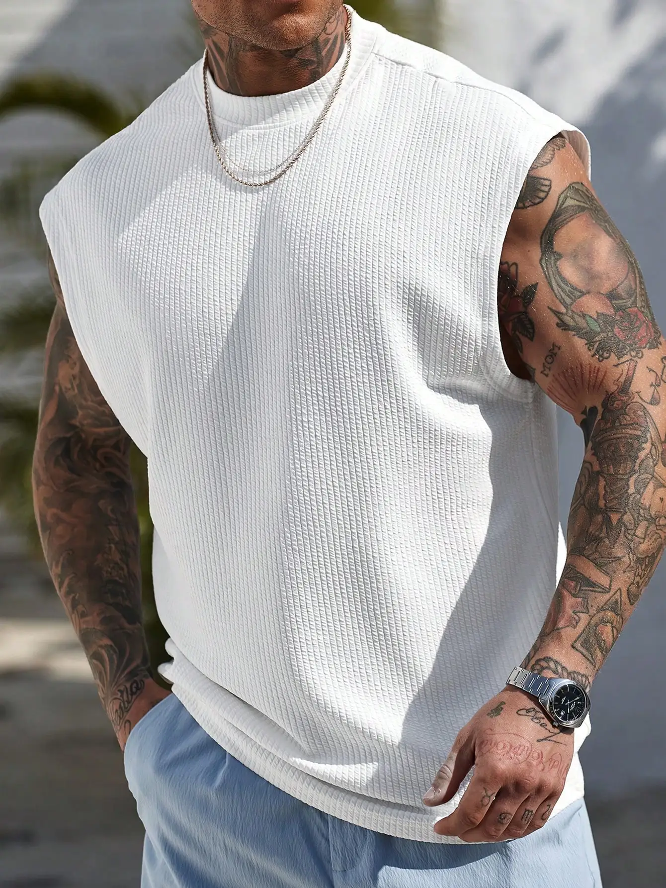 

Men's White Ribbed Sleeveless Crewneck Pullover for Casual Daily Wear