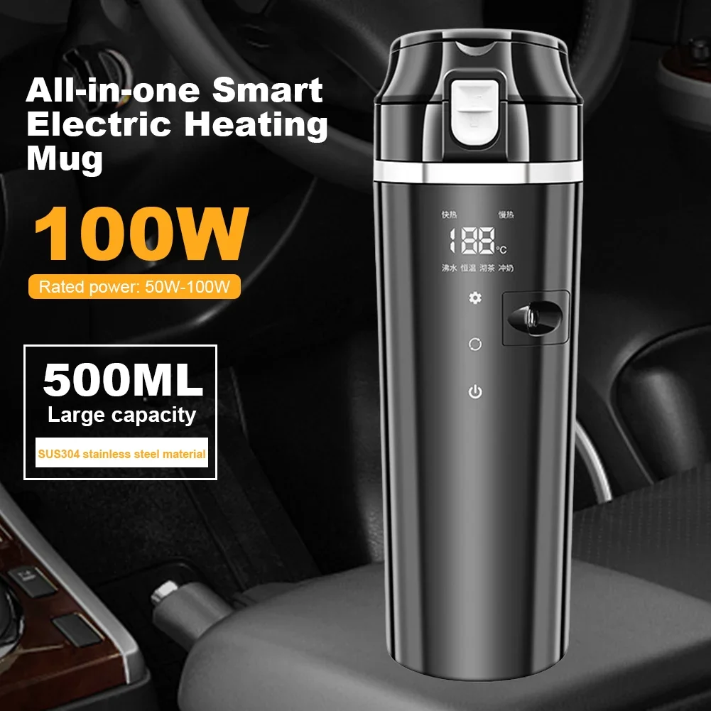 12/24V Car Heating Cup 500ml Electric Kettle Digital LCD Display Stainless Steel Water Heater Bottle Travel Coffee Mug Warmer