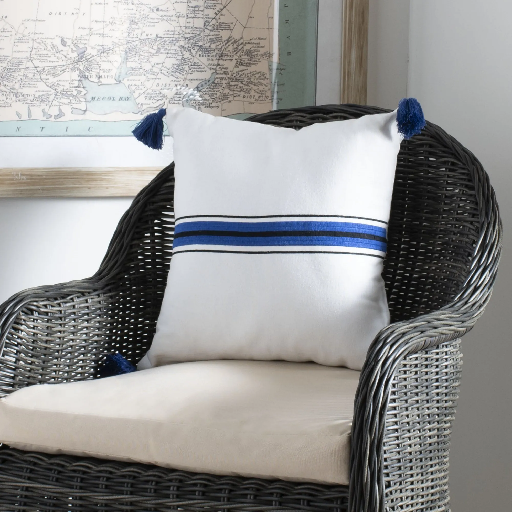 

16 inch striped plush pillow with fringe in white and navy