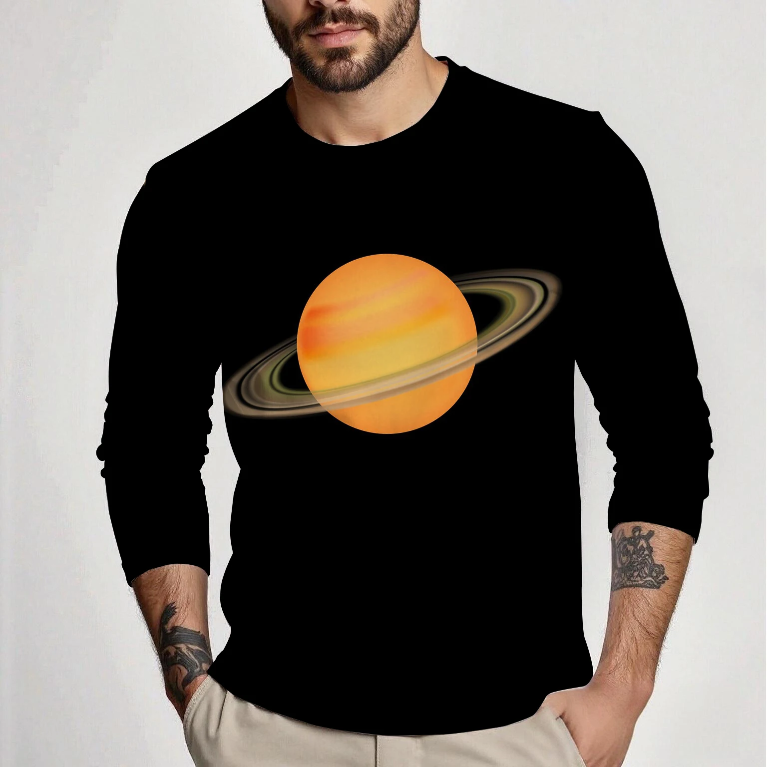 

Весенне-осенняя мужская футболка с длинным рукавом и круглым вырезом, универсальный повседневный мужской тонкий топ с принтом планеты