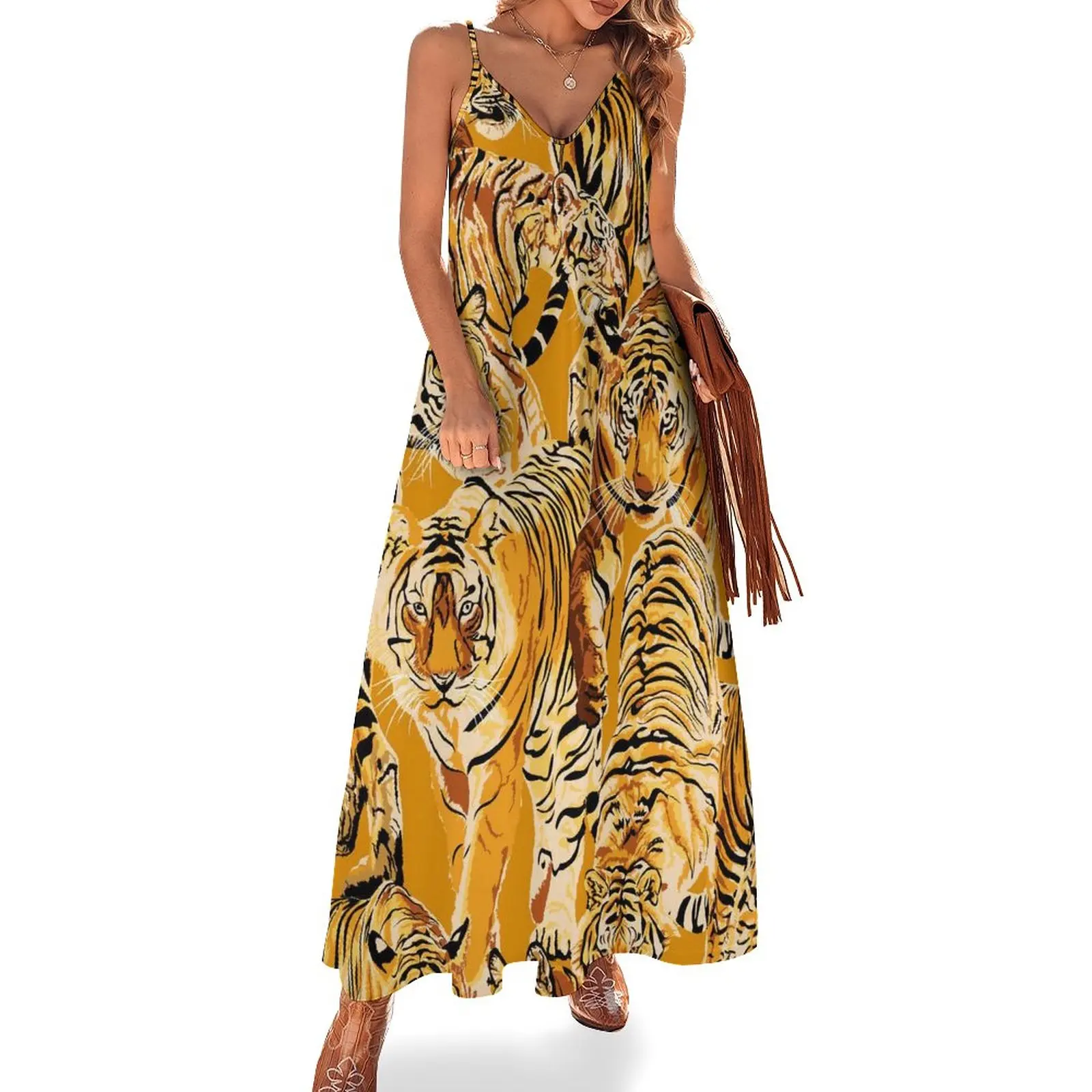 Many Tigers Dress Wild Animals Pattern Cute Maxi Dress Stylish Casual Long Dresses Womens Straps Graphic 3XL 4XL 5XL