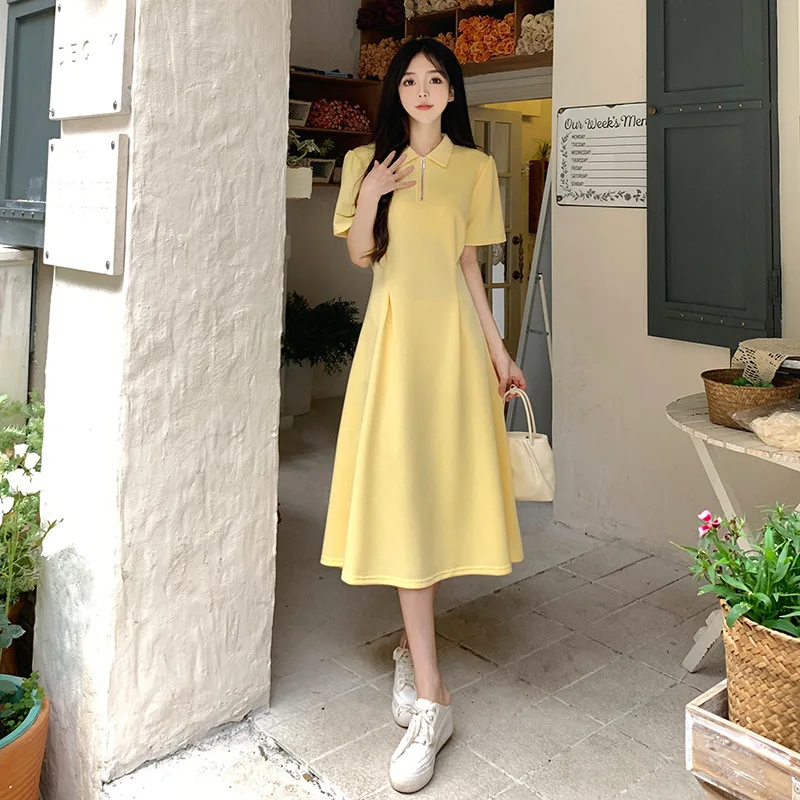 2024 French Style Sweet Spicy Polo Collar Dress Women Summer Design Soft Waist Slimming Long Dress A- Shaped Summer High Quality