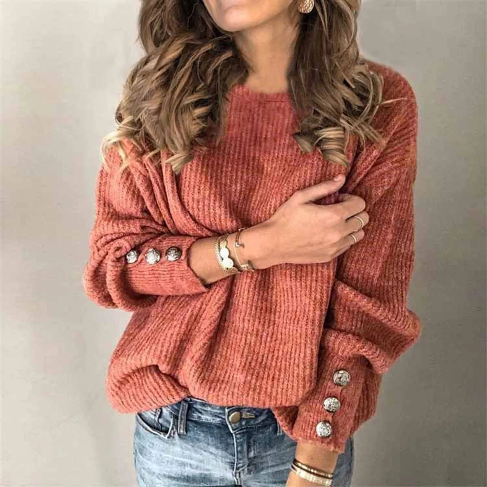 

Women’s Classic Solid Color Sweater Long Sleeve Crewneck Loose Knit Pullover Sweater Men Cable Knit Split Back Pullover Sweater