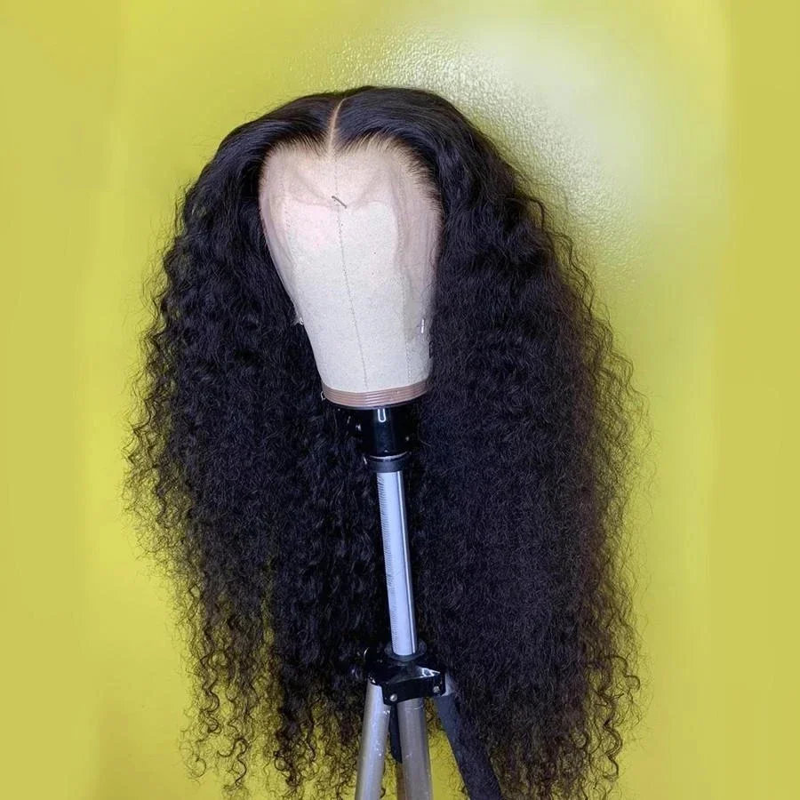 Kinky Curly Lace Front Wig para mulheres, macio, longo, preto, cabelo do bebê, pré-arrancado, sem cola, resistente ao calor, diariamente, 26 Polegada, 180 Densidade