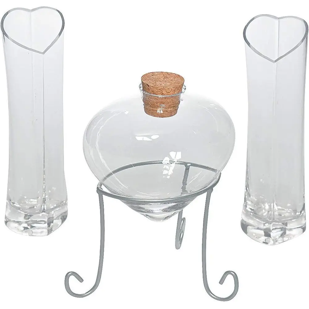 

4-Piece Heart Glass Sand Ceremony Kit: Bottle, Vases, and Stand Included